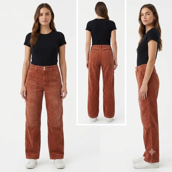 Pilcro and the Letterpress Pants - Pilcro The Wanderer Corduroy Utility Pants 29 Rust Orange Distressed Carpenter